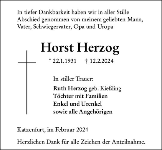 Traueranzeige von Horst Herzog von Wetzlarer Neue Zeitung