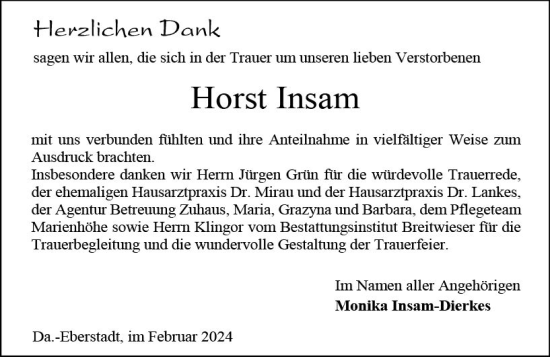 Traueranzeige von Horst Insam von Darmstädter Echo
