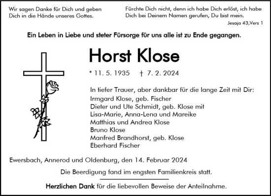 Traueranzeige von Horst Klose von Dill Block