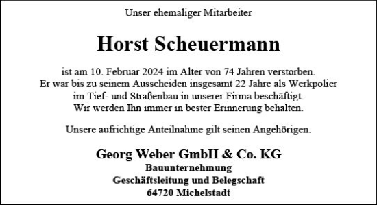 Traueranzeige von Horst Scheuermann von Odenwälder Echo