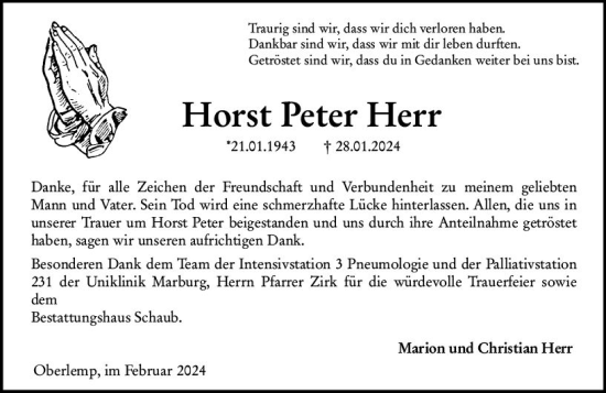 Traueranzeige von Horst Peter Herr von Wetzlarer Neue Zeitung