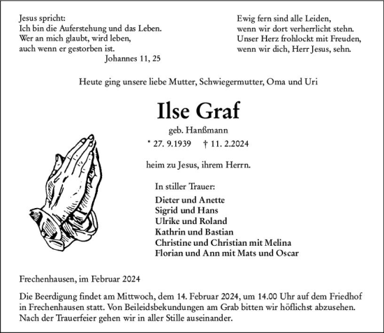 Traueranzeige von Ilse Graf von Hinterländer Anzeiger