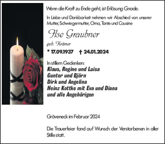 Traueranzeige von Ilse Graubner von Weilburger Tageblatt