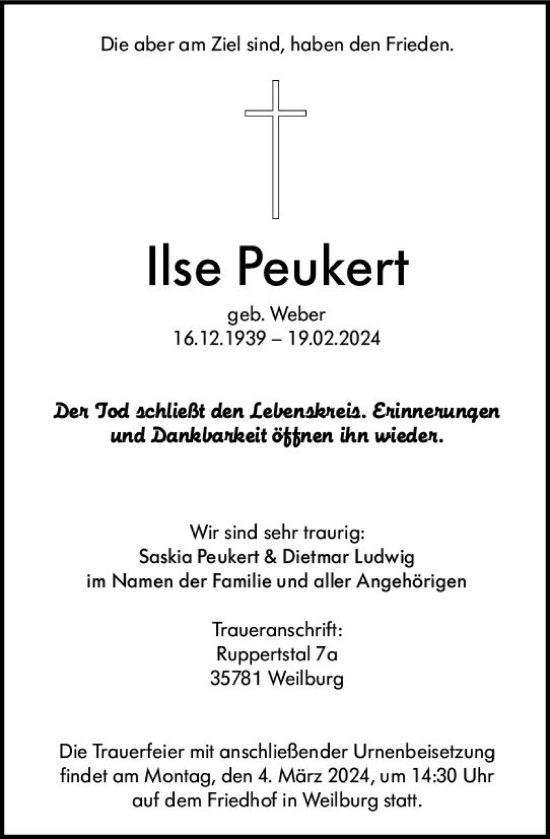 Traueranzeige von Ilse Peukert von Weilburger Tageblatt