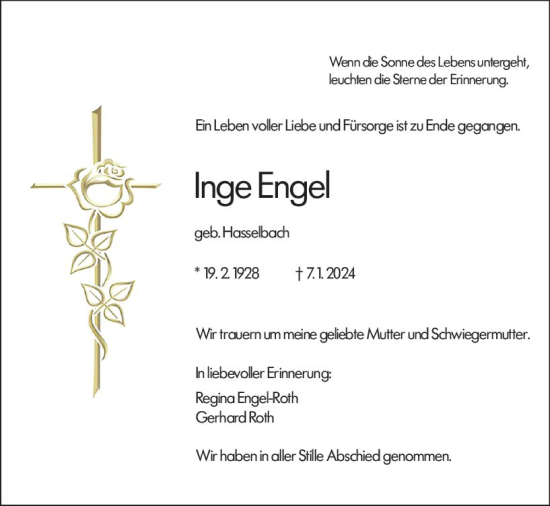 Traueranzeige von Inge Engel von Wetzlarer Neue Zeitung