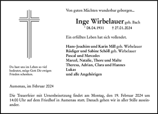 Traueranzeige von Inge Wirbelauer von Weilburger Tageblatt