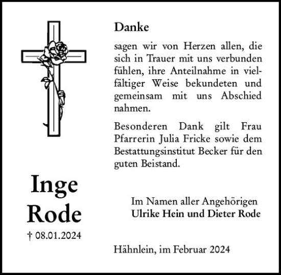 Traueranzeige von Ingeborg Rode von Darmstädter Echo