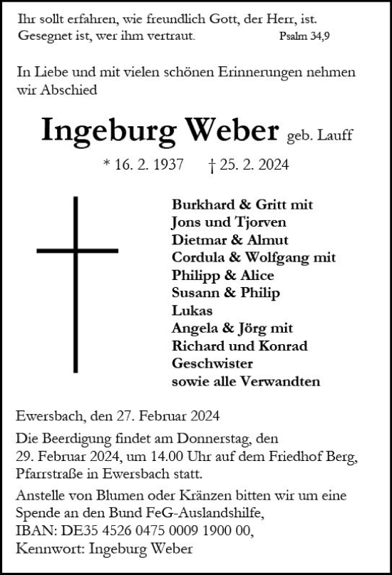 Traueranzeige von Ingeburg Weber von Dill Block