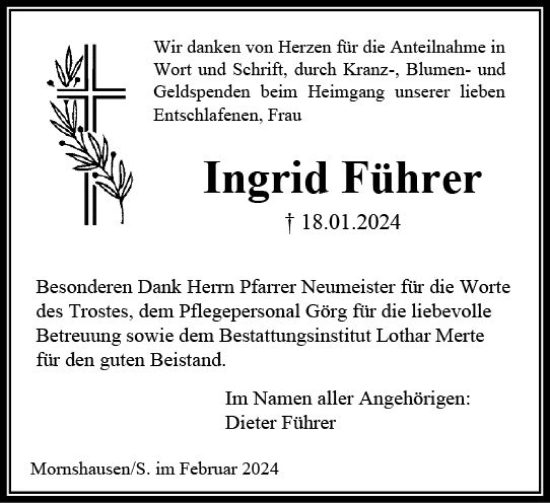 Traueranzeige von Ingrid Führer von Hinterländer Anzeiger
