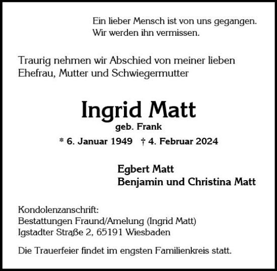 Traueranzeige von Ingrid Matt von Wiesbadener Kurier