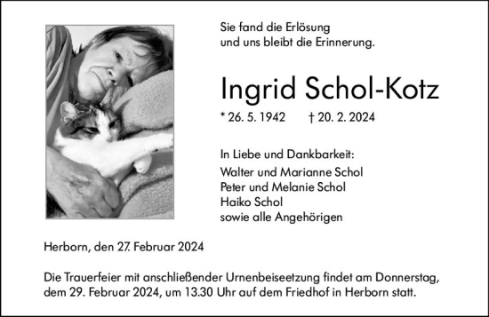 Traueranzeige von Ingrid Schol-Kotz von Dill Block