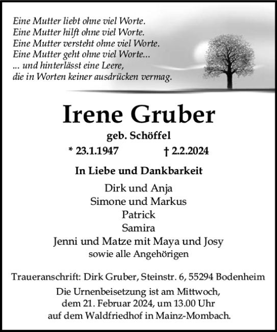 Traueranzeige von Irene Gruber von Allgemeine Zeitung Mainz