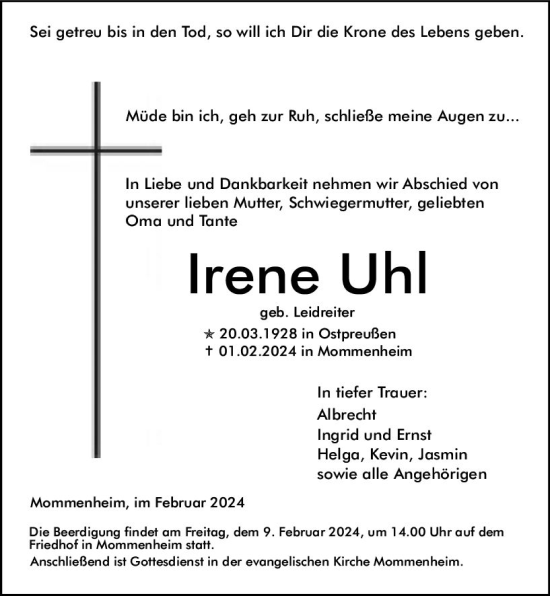 Traueranzeige von Irene Uhl von Allgemeine Zeitung Mainz