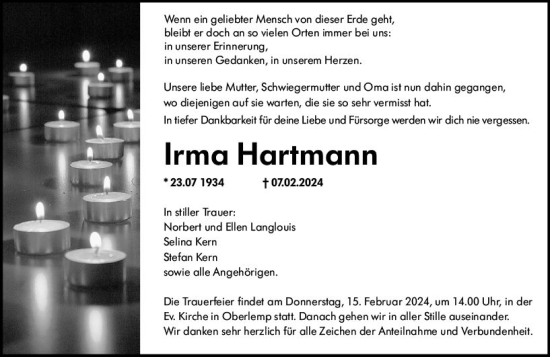 Traueranzeige von Irma Hartmann von Wetzlarer Neue Zeitung