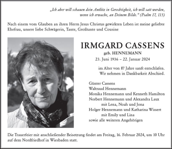 Traueranzeige von Irmgard Cassens von Wiesbadener Kurier