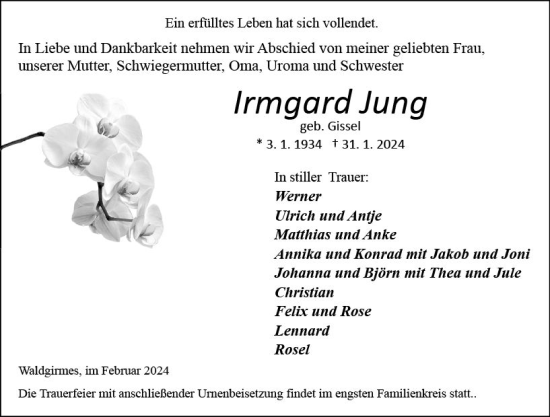 Traueranzeige von Irmgard Jung von Wetzlarer Neue Zeitung