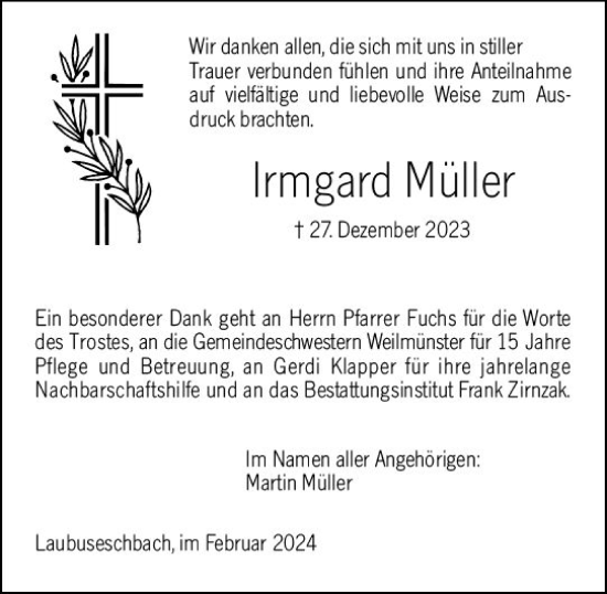 Traueranzeige von Irmgard Müller von Weilburger Tageblatt