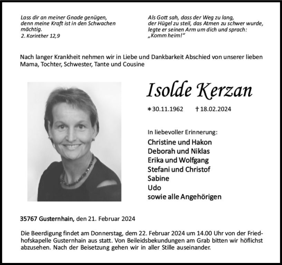 Traueranzeige von Isolde Kerzan von Dill Block
