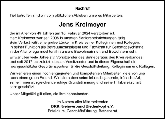 Traueranzeige von Jens Kreimeyer von Hinterländer Anzeiger