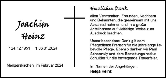 Traueranzeige von Joachim Heinz von Weilburger Tageblatt