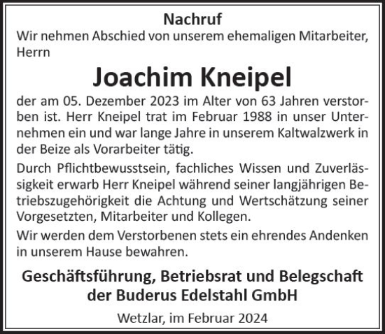 Traueranzeige von Joachim Kneipel von Wetzlarer Neue Zeitung