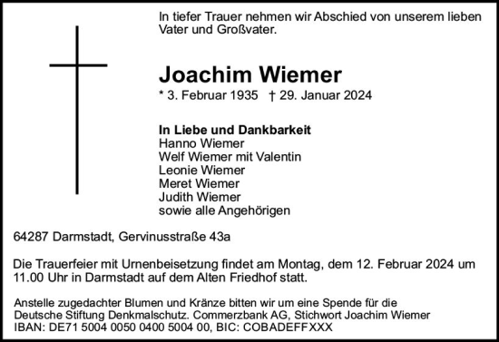 Traueranzeige von Joachim Wiemer von Darmstädter Echo
