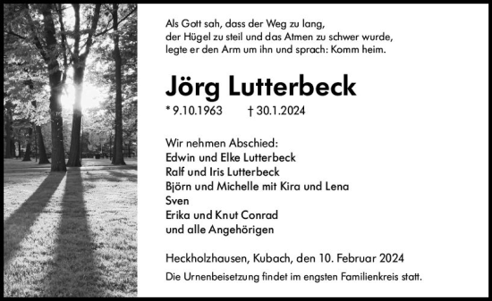 Traueranzeige von Jörg Lutterbeck von Weilburger Tageblatt
