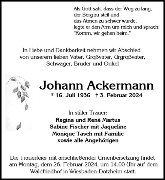 Traueranzeige von Johann Ackermann von Wiesbadener Kurier