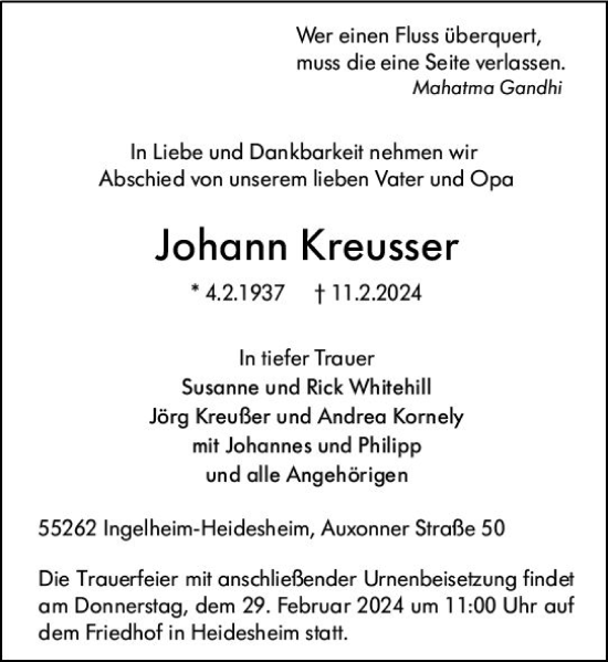 Traueranzeige von Johann Kreusser von Allgemeine Zeitung Bingen/Ingelheim