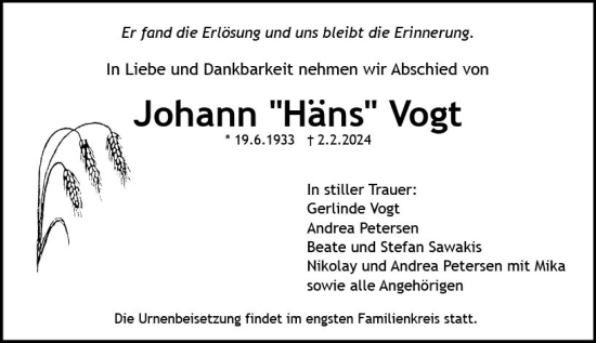 Traueranzeige von Johann  Vogt von Allgemeine Zeitung Mainz