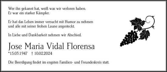 Traueranzeige von Jose Florensa von Wetzlarer Neue Zeitung
