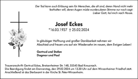 Traueranzeige von Josef Eckes von Allgemeine Zeitung Bad Kreuznach