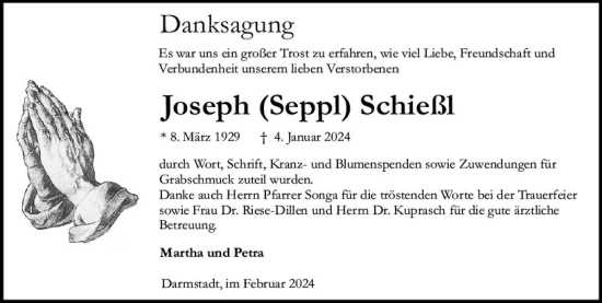 Traueranzeige von Joseph Schießl von Darmstädter Echo