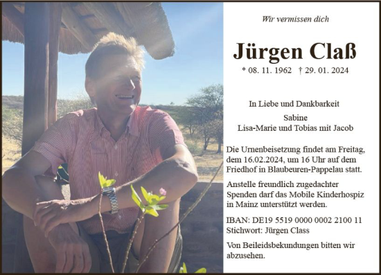 Traueranzeige von Jürgen Claß von Allgemeine Zeitung Mainz