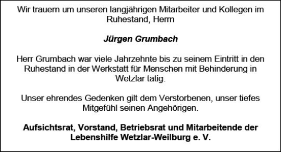 Traueranzeige von Jürgen Grumbach von Weilburger Tageblatt