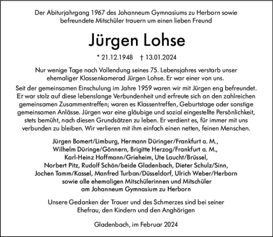 Traueranzeige von Jürgen Lohse von Hinterländer Anzeiger