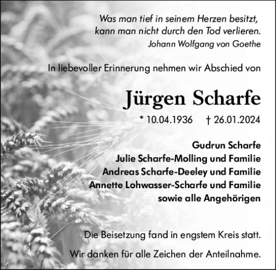 Traueranzeige von Jürgen Scharfe von Wetzlarer Neue Zeitung