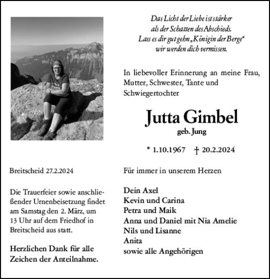 Traueranzeige von Jutta Gimbel von Dill Block