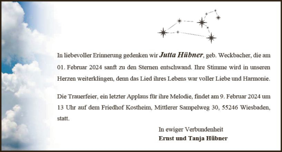 Traueranzeige von Jutta Hübner von Allgemeine Zeitung Mainz