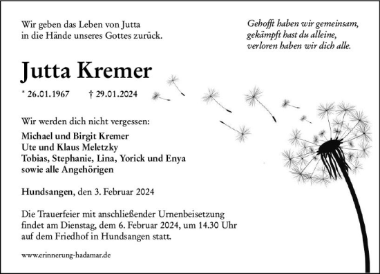 Traueranzeige von Jutta Kremer von Nassauische Neue Presse