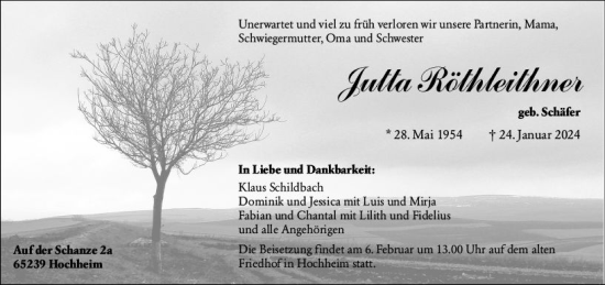 Traueranzeige von Jutta Röthleithner von Hochheimer Zeitung