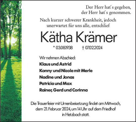Traueranzeige von Kätha Krämer von Odenwälder Echo