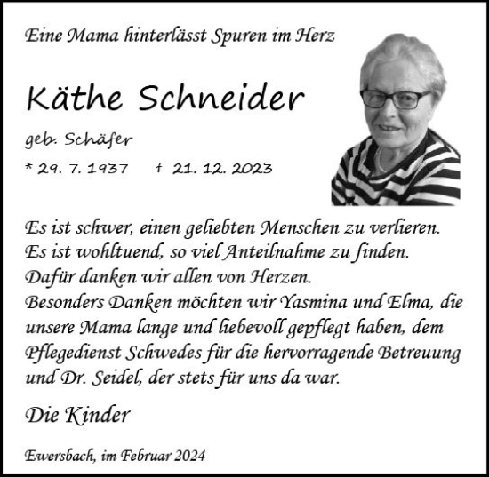 Traueranzeige von Käthe Schneider von Dill Block