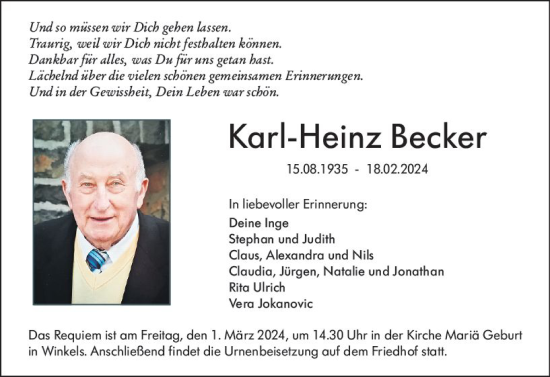 Traueranzeige von Karl-Heinz Becker von Weilburger Tageblatt