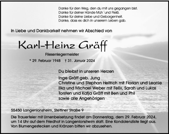 Traueranzeige von Karl-Heinz Gräff von Allgemeine Zeitung Bad Kreuznach