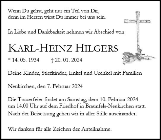 Traueranzeige von Karl-Heinz Hilgers von Wetzlarer Neue Zeitung
