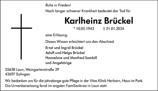 Traueranzeige von Karlheinz Brückel von Wetzlarer Neue Zeitung