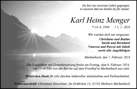 Traueranzeige von Karl Heinz Menger von Dill Block