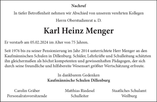 Traueranzeige von Karl Heinz Menger von Dill Block