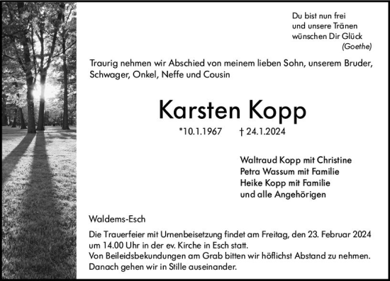 Traueranzeige von Karsten Kopp von Camberger Anzeiger
